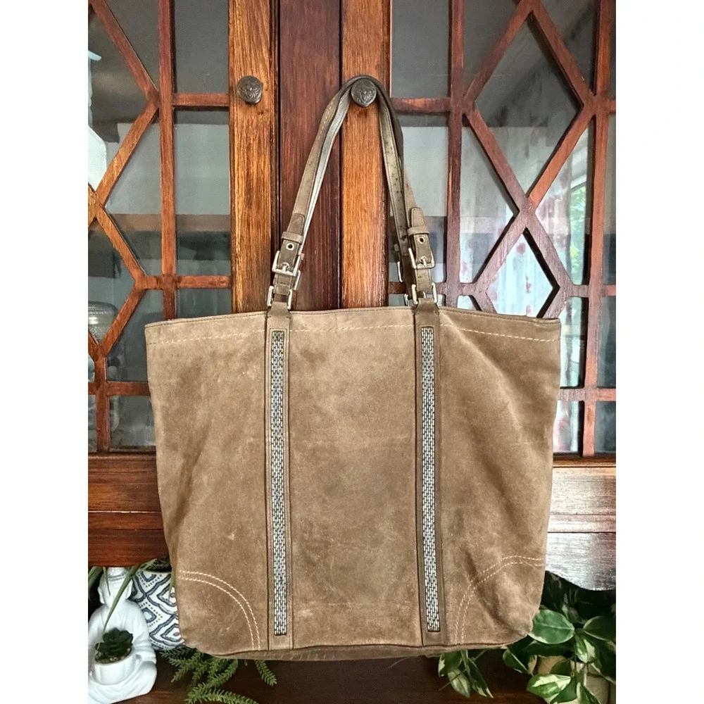 Coach Brown Suede Gallery Tote Bag Metallic Leather Large